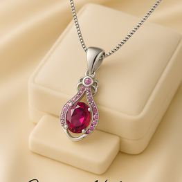 Close-up of handcrafted sterling silver and gold-plated ruby pendant necklace.