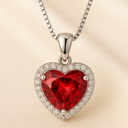 Elegant ruby heart-shaped necklace set in sterling silver with sparkling halo detail, photographed on a cream velvet background, designed by Corazón Holistica in boho statement style.
