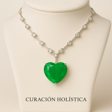 Close-up of vivid green heart pendant with white quartz chain