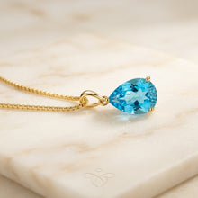 Stunning Handmade Swiss Blue Topaz Teardrop Necklace | 18K Gold Plated Sterling Silver | Curacion Holistica Luxury Jewelry