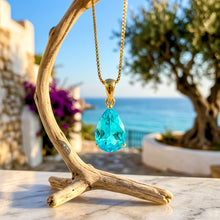Collar de gota de turmalina paraiba hecho a mano | Plata de ley chapada en oro de 18 quilates | Colgante llamativo sin níquel | Artesanía española de curación holística