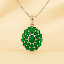 	Sterling silver emerald necklace with halo of round-cut stones