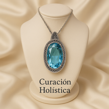 Close-up of handcrafted sterling silver aquamarine jewelry