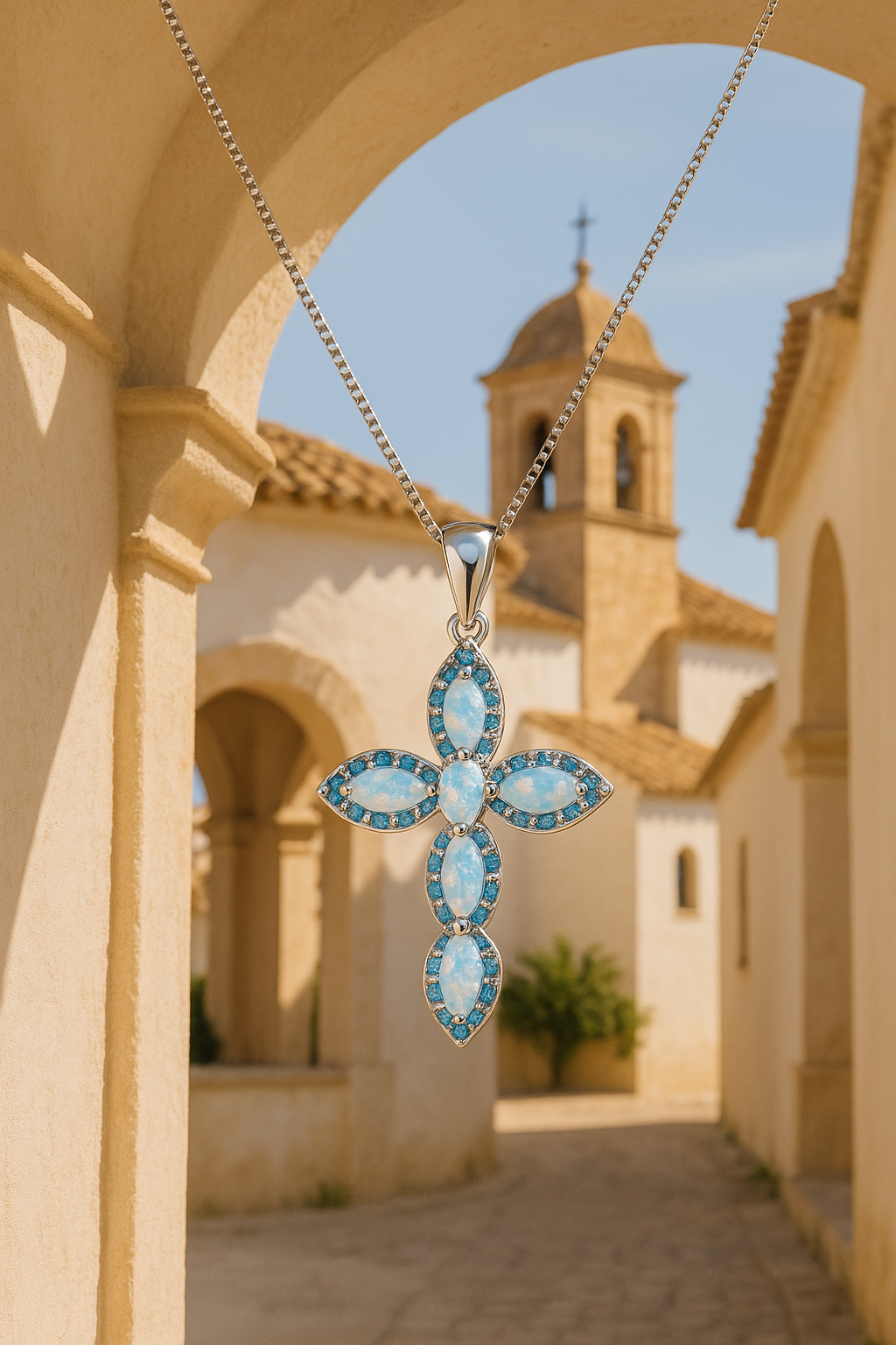 Handmade Sterling Silver Opal and Aquamarine Cross Necklace | Exclusive Statement Jewelry by Curación Holística
