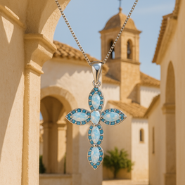 Handmade Sterling Silver Opal and Aquamarine Cross Necklace | Exclusive Statement Jewelry by Curación Holística