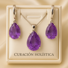 Sterling silver amethyst jewelry photographed on satin background
	5.	Handcrafted spiritual gemstone set by 