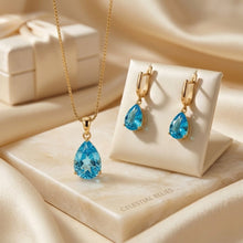 Handmade Swiss Blue Topaz Teardrop Earrings & Necklace Set | 18K Gold Plated Sterling Silver | Curación Holística Healing Jewelry