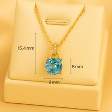 Aquamarine gold-plated necklace on creamy luxury display box with measurements