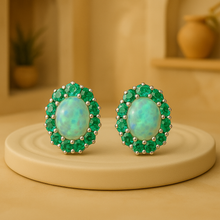 “Handmade opal and emerald halo earrings in sterling silver — Curación Holística”