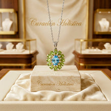 Handmade Limited Edition Swiss Blue Topaz & Natural Peridot Sterling Silver Flower Necklace Pendant | Curación Holistica | Spanish Artisan Craftsmanship | Hypoallergenic S925 Silver | Healing Gemstone Jewelry