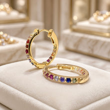 Pendientes de aro con gemas arcoíris hechos a mano | Plata de ley, chapado en oro de 18k, sin níquel | Artesanía española, serie limitada