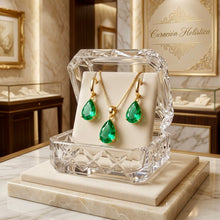 Parure Collier et Boucles d'Oreilles de Luxe Goutte d'Émeraude Nano – Bijoux Espagnols Faits Main en Édition Limitée en Argent Sterling Plaqué Or 18K sans Nickel par Curación Holística