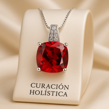 “Ruby and white quartz pendant necklace on luxury cream fabric background.”