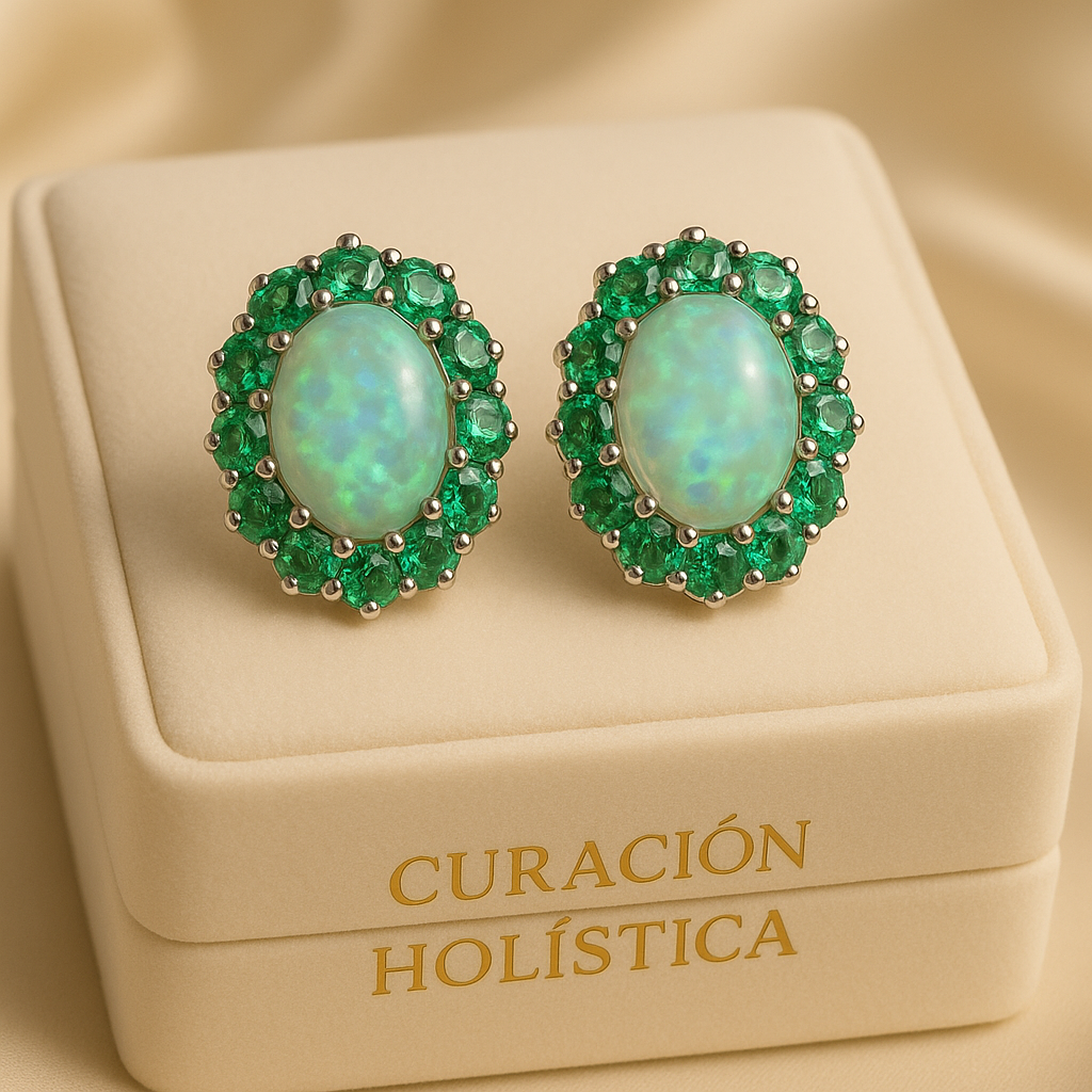 “Close-up of natural opal earrings surrounded by vivid green emeralds