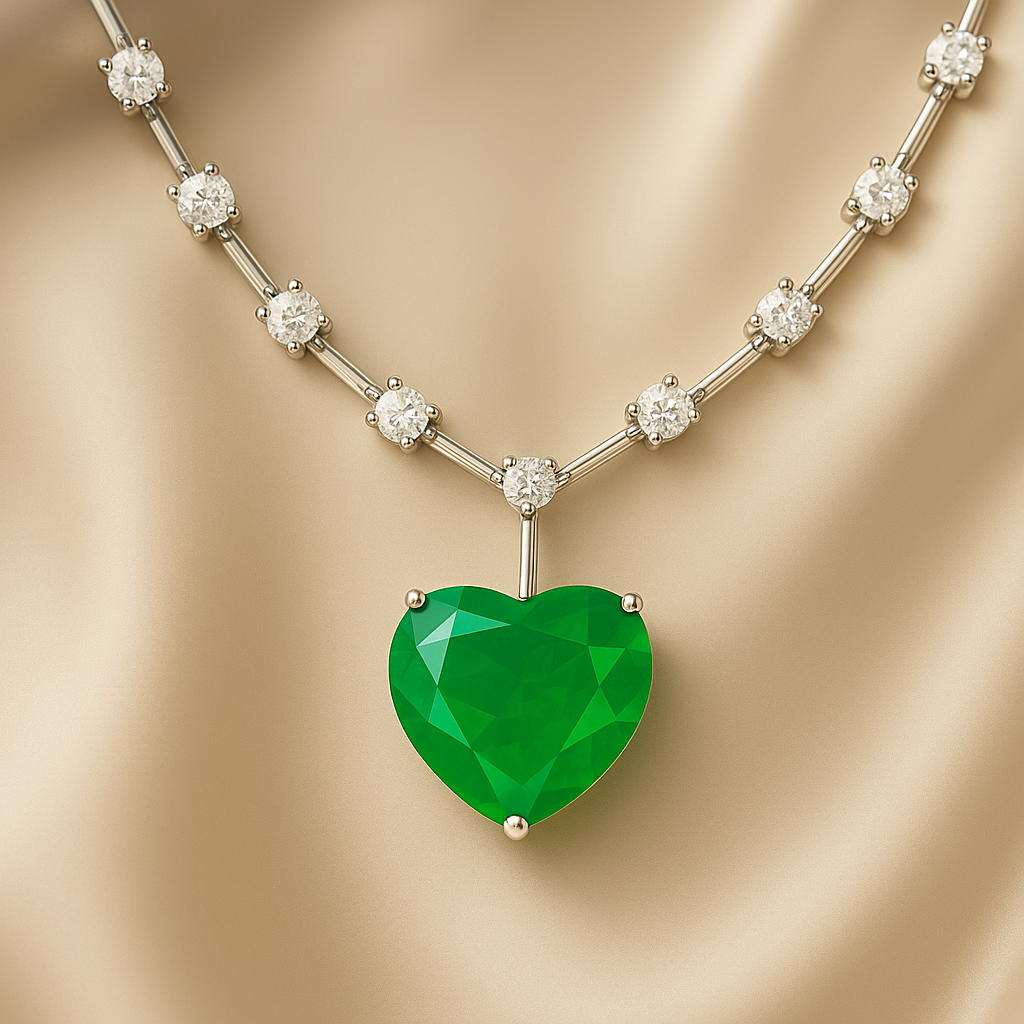 Nano emerald heart necklace on sandy beach background