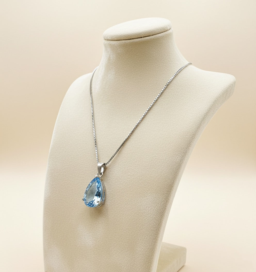 Aquamarine Sterling Silver Teardrop Necklace | Boho Statement Jewelry | Healing Crystal Pendant | Exclusive Modern Elegance | Free Shipping