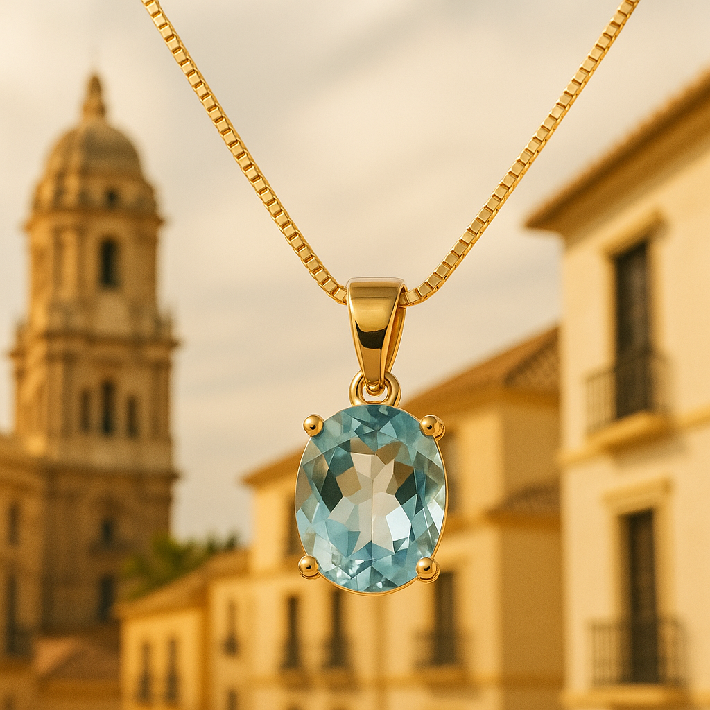 Close-up of aquamarine stone set in four-prong gold setting
